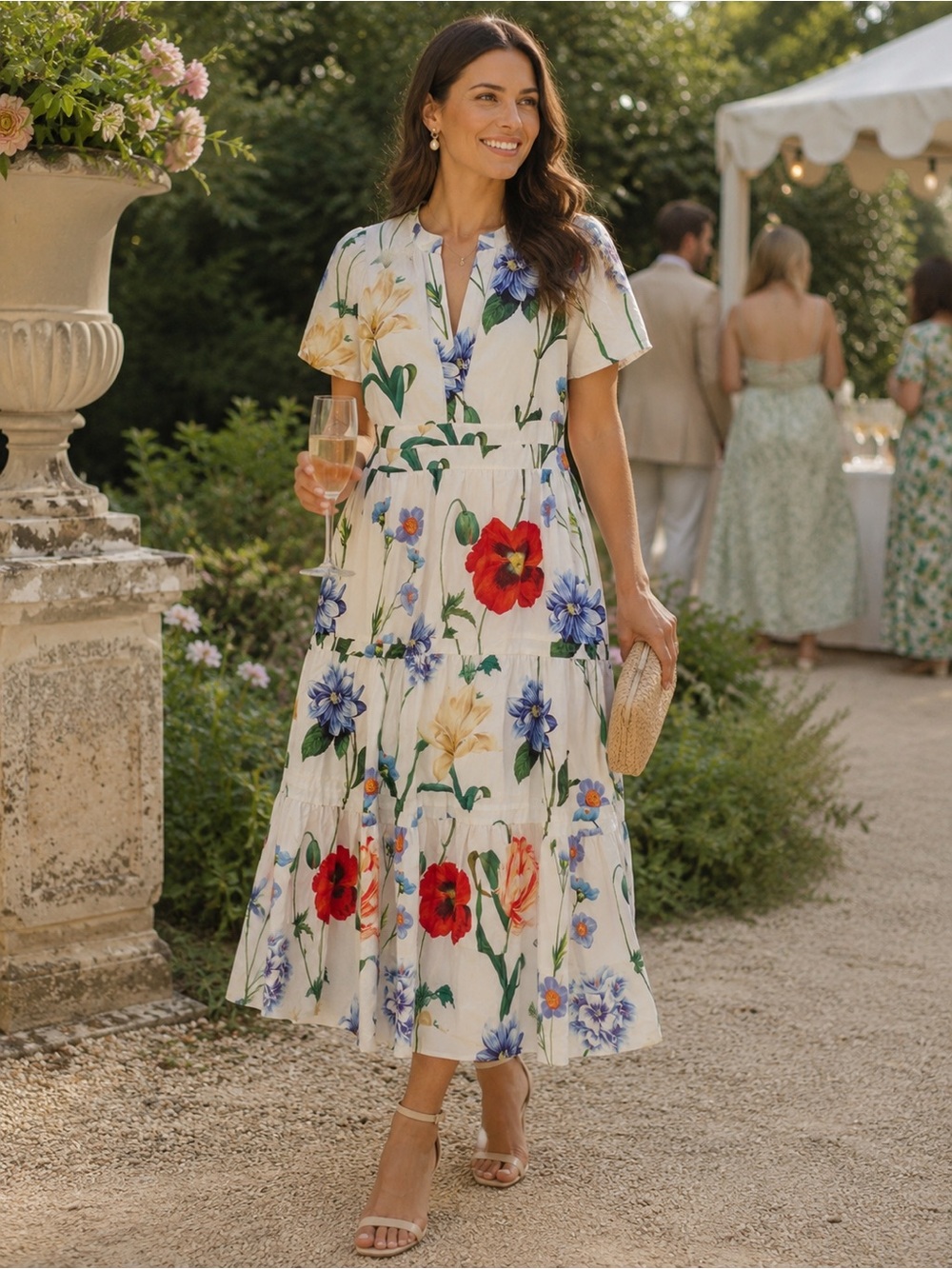 Anthropologie Somerset Dress in White Cotton With Garden Blooms.